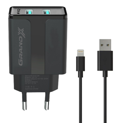 Зарядний пристрій Grand-X 5V 2,1A Black + cable USB-Lightning (CH15LTB) (U0326190)