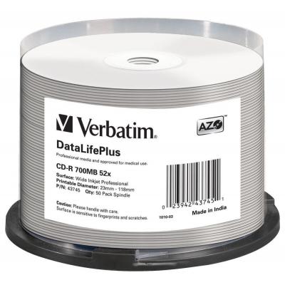 Диск CD Verbatim CD-R 700Mb 52x Cake box Printable (43745) (S0013244)