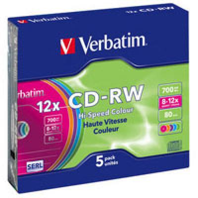 Диск CD Verbatim CD-RW 700Mb 12X SlimBox 5шт Color (43167) (K0004111)