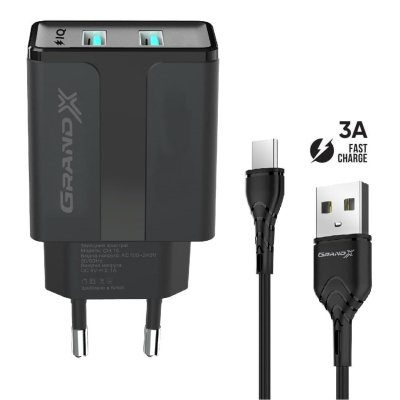 Зарядний пристрій Grand-X CH-15T 5V 2,1A USB Black + cable USB -> Type C, Cu, 4A, TPE (CH-15T) (U0424501)