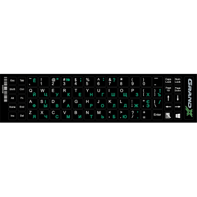 Наклейка на клавіатуру Grand-X 68 keys Cyrillic green, Latin white (GXDPGW) (U0277517)