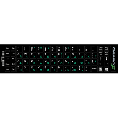 Наклейка на клавиатуру Grand-X 68 keys UA green, Latin white (GXDGUA) (U0291395)