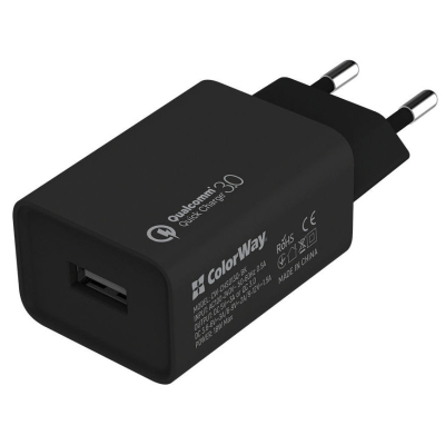 Зарядний пристрій ColorWay 1USB Quick Charge 3.0 (18W) black + cable Lightning (CW-CHS013QCL-BK) (U0624078)