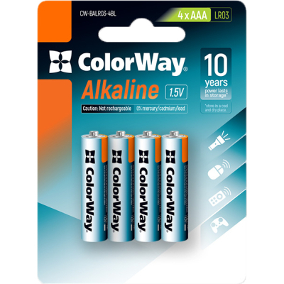 Батарейка ColorWay AAA LR03 Alkaline Power (лужні) * 4 blister (CW-BALR03-4BL) (U0725735)
