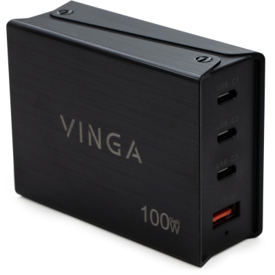 Зарядний пристрій Vinga GaN 100W PD+QC 3C1A ports 1.0m Wired Charger (VCPCH100CB) (U0836073)