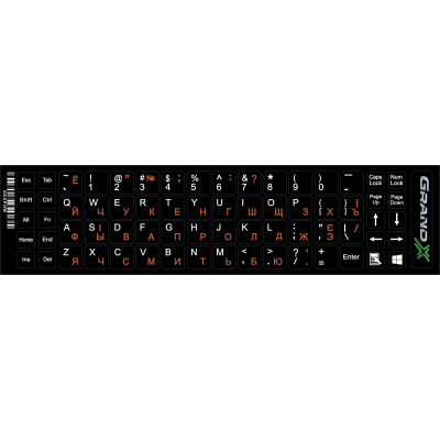 Наклейка на клавіатуру Grand-X 68 keys Cyrillic orange, Latin white (GXDPOW) (U0277802)