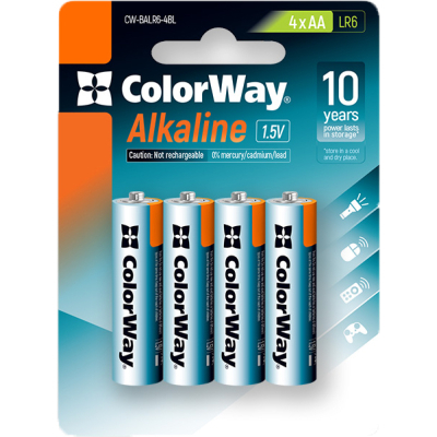 Батарейка ColorWay AA LR6 Alkaline Power (лужні) *4 blister (CW-BALR06-4BL) (U0725731)