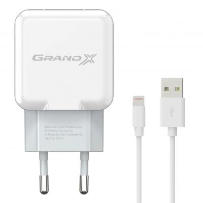 Зарядное устройство Grand-X USB 5V 2,1A White + cable USB -> Lightning, Cu (CH03LTW) (U0341163)