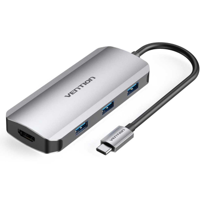 Концентратор Vention USB3.1 Type-C --> HDMI/USB-C Gen 1/USB 3.0x3/PD 100W Hub 6-i (TOFHB) (U0574963)
