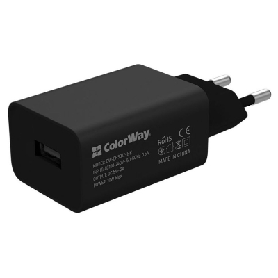 Зарядний пристрій ColorWay 1USB AUTO ID 2A (10W) black + cable micro USB (CW-CHS012CM-BK) (U0624076)