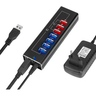Концентратор Dynamode 4*USB3.0 data ports + 3*2.4А charge with Power Adaptor metal (DM-UH-P407) (U0889160)