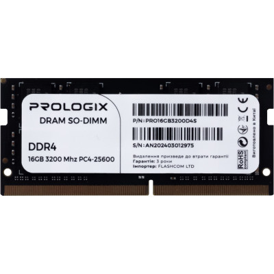 Модуль пам'яті для ноутбука SoDIMM DDR4 16GB 3200 MHz Prologix (PRO16GB3200D4S) (U0929893)