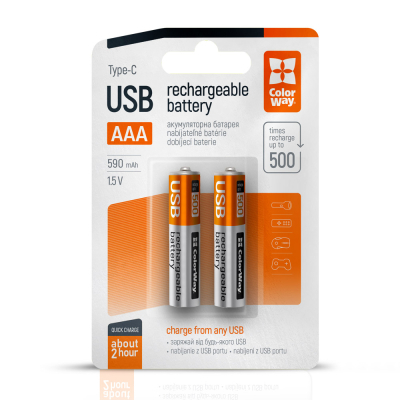 Аккумулятор ColorWay AAА USB-С 590 mAh 1.5V (2шт) (Li-Polymer) (CW-UBAAA-09) (U0949530)