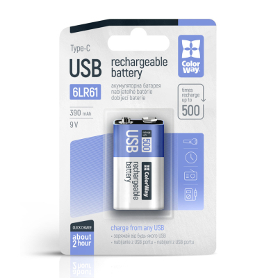 Аккумулятор Крона USB-С 390 mAh 9V (Li-Polymer) ColorWay (CW-UB9V-06) (U0949531)
